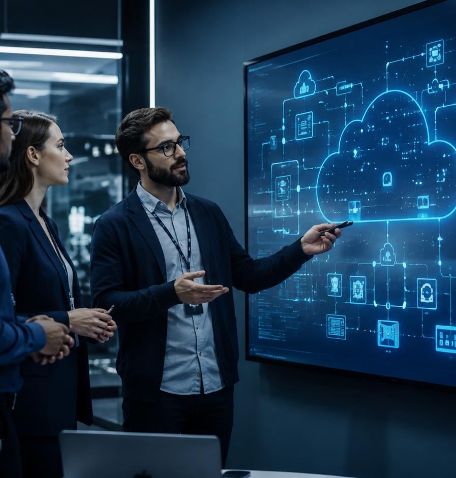 Consultores de JLTECH revisando una arquitectura cloud en pantalla