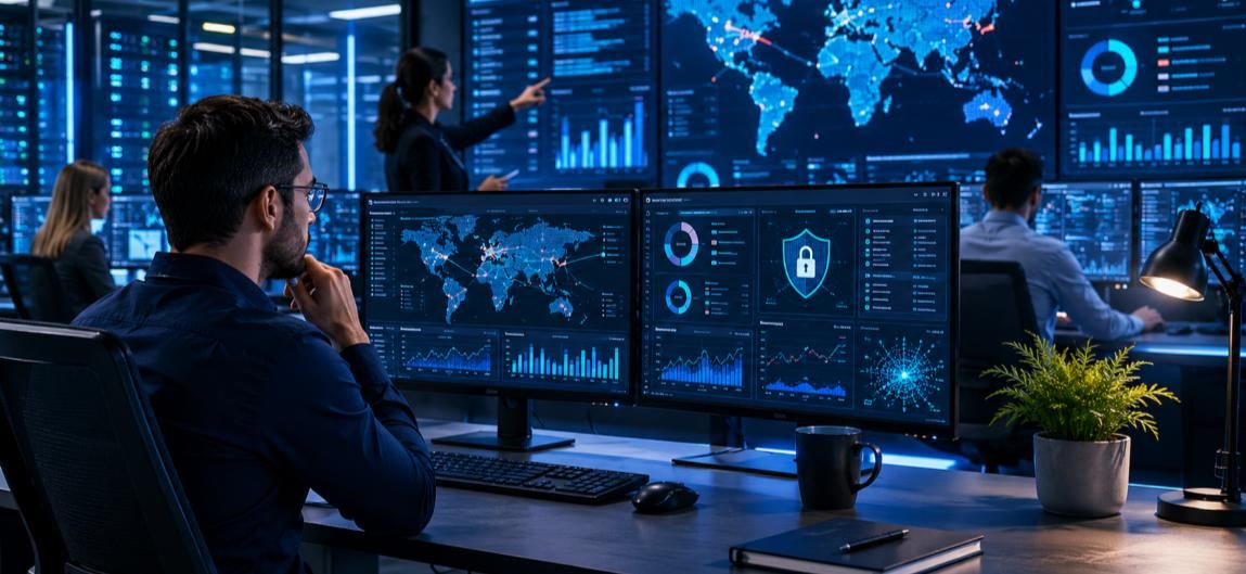 Analista de seguridad frente a paneles de monitoreo